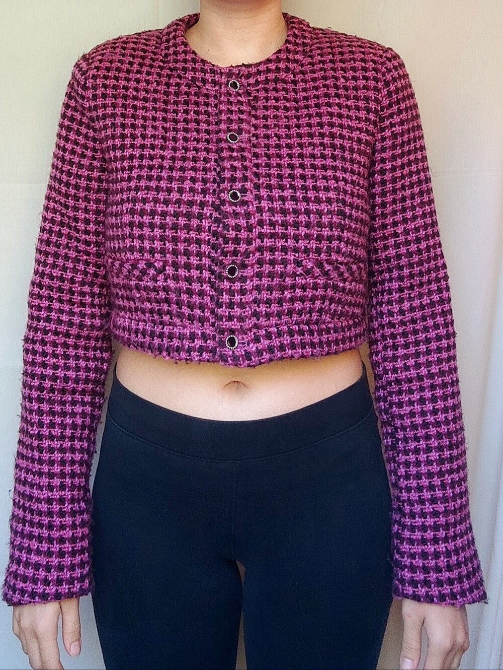 Zara Fuchsia and Black Houndstooth Cropped Blazer Jacket